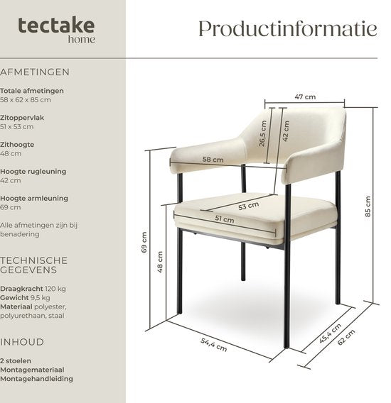 tectake® Eetkamerstoel met armleuning - Fluweelzachte stof - Gestoffeerd met stalen poten - set - div kleuren - Set van 2 stoelen - Offwhite met zwarte poten