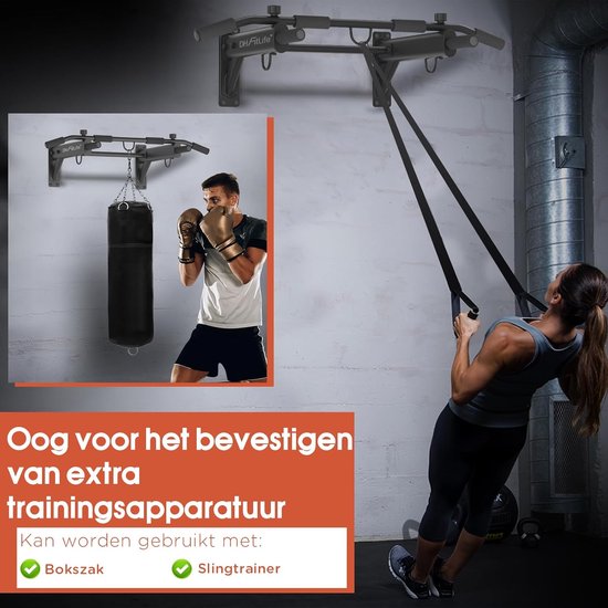 DH FitLife 4-in-1 optrekstang voor wandmontage met spreidplug, multifunctionele pull-up bar voor thuis tot 200 kg | 6 antislip handgrepen | 3 ogen voor bokszak & slingtrainer | veilig en stabiel