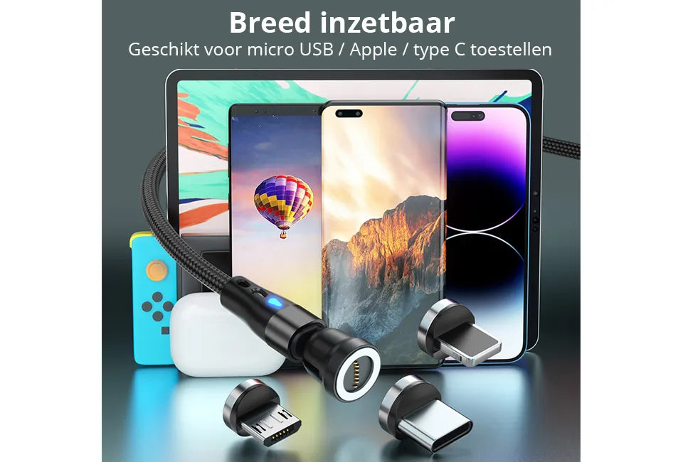 Vlectro Magnetische Oplaadkabel – 540° Roterende Connector – 100 cm – USB-C / iPhone / Micro-USB – LED Indicator – Duurzaam & Universeel