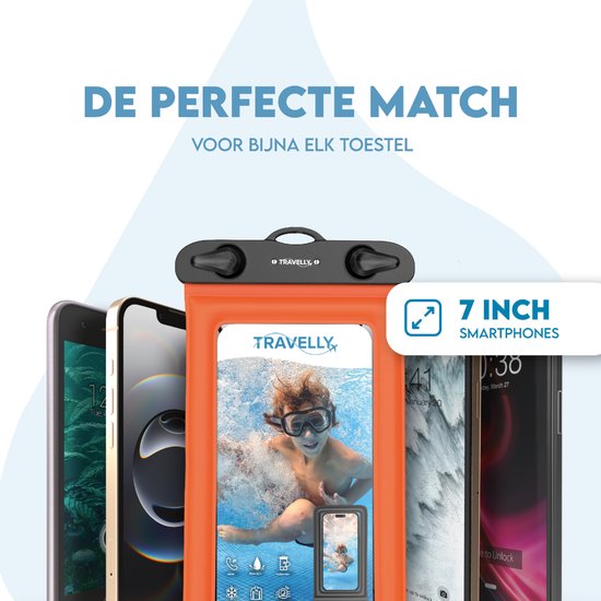 Travelly ® – Waterdicht Telefoonhoesje Set van 2 – Universeel Onderwater Hoesje voor Smartphone – Geschikt voor alle telefoons – Drybag – Voor Vakantie, Zwemmen & Watersport – Zwart/Oranje