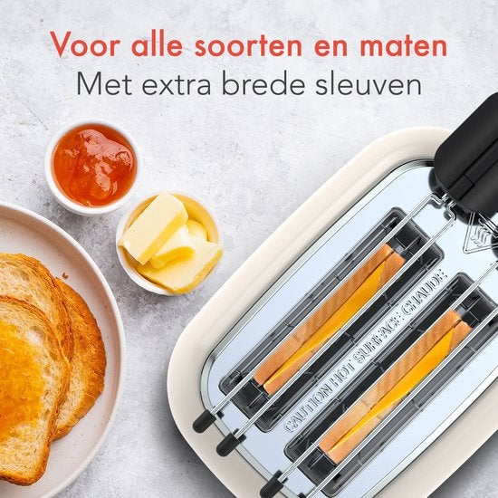 KitchenBrothers Broodrooster met Tostiklemmen - Toaster - 6 Warmteniveaus - Brede Sleuven - Broodrooster - 870W - Beige