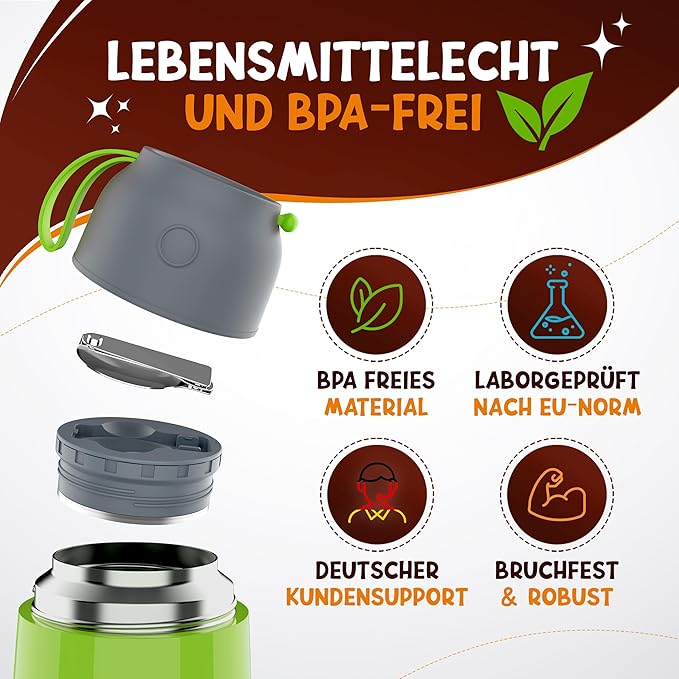 Funkelfuchs® Thermo beker voor kindervoeding - 500ml, groene trekker - 100% lekvrij - roestvrijstalen voedselwarmer - thermo beker voeding - thermo lunch box kinderen - baby voedselwarmer