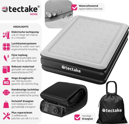 tectake® - Opblaasbaar matras AirDreams met elektrische pomp - Inclusief draagtas met koordsluiting - Waterafstotend - Slaapkamer - Camping - Logeerbed - Afmeting (LxBxH) 200 x 148 x 44 cm