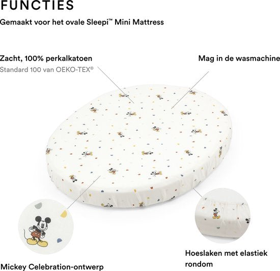Stokke Sleepi Mini Hoeslaken, Mickey Celebration - Zachte lakens voor zoete dromen - Gemaakt voor het Ovale Sleepi Mini Matras - Veilig, Stijlvol & Wasbaar - 100% Fijn Perkaal Katoen
