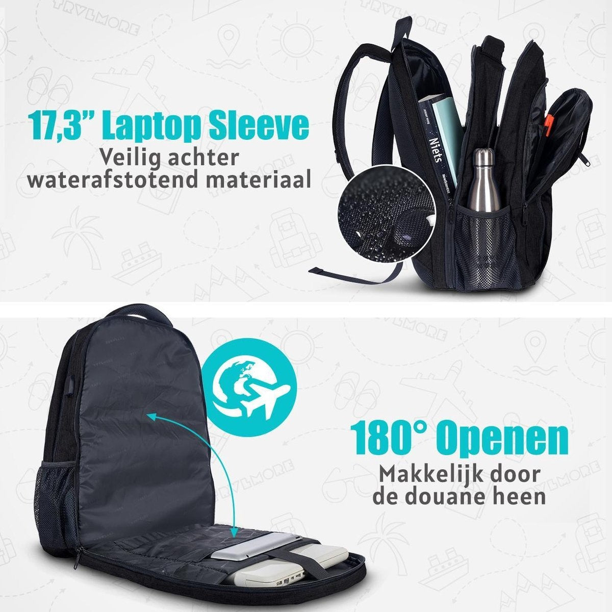 TRVLMORE Rugzak - 36L - 17,3 inch - Laptop Rugtas - Schooltas - Unisex - Spatwaterdicht Zwart