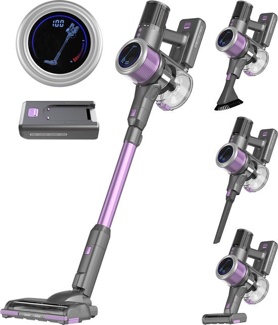 Auronic Steelstofzuiger - Draadloos - Zonder Zak - Op Accu - Zelfstaand - 350W - Extra Batterij - Stofzuiger - Grijs/Paars