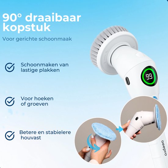 Beepro - Elektrische Schoonmaakborstel - Schrobber met Steel - 10 Opzetstukken