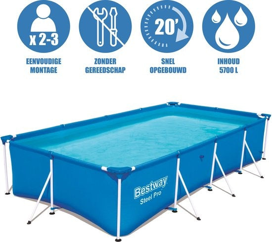 Bestway Opzetzwembad – Rechthoekig Stalen Frame – 5700L Inhoud – 400 x 211 x 81 cm – Blauw