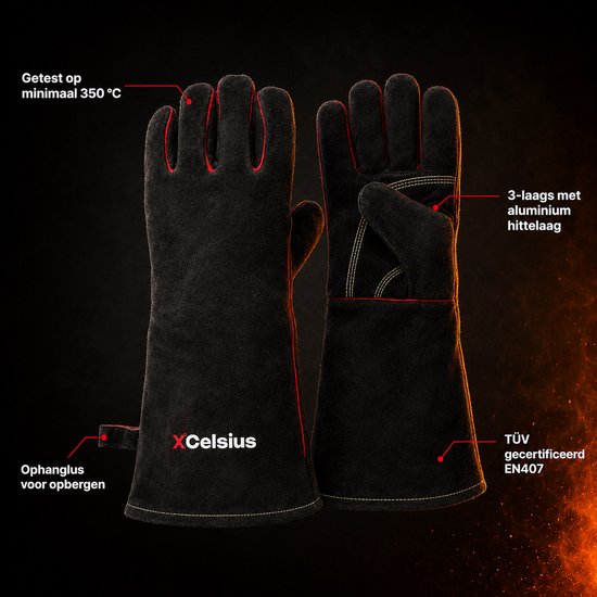 XCelsius® BBQ Handschoenen Splitleer – TÜV Gecertificeerd EN407 – Hittebestendige Barbecue Handschoenen en Ovenhandschoenen – Voor Kamado, Gietijzer, Roosters en Heat Deflectors – Cadeaus voor Mannen – 1 Paar – Zwart met Rood