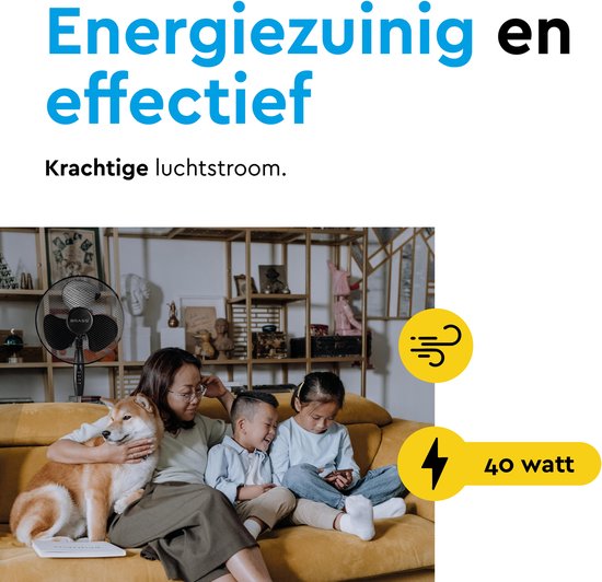 BRASQ Statiefventilator – 40 cm – Zwart - In hoogte verstelbaar – 3 snelheden - 40 Watt