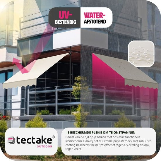 tectake - klemluifel - Zonnescherm – Zonneluifel - Verstelbaar - Klem-zonwering - Zonnescherm Balkon - 150 x 180 cm - beige - zonwering - 404954