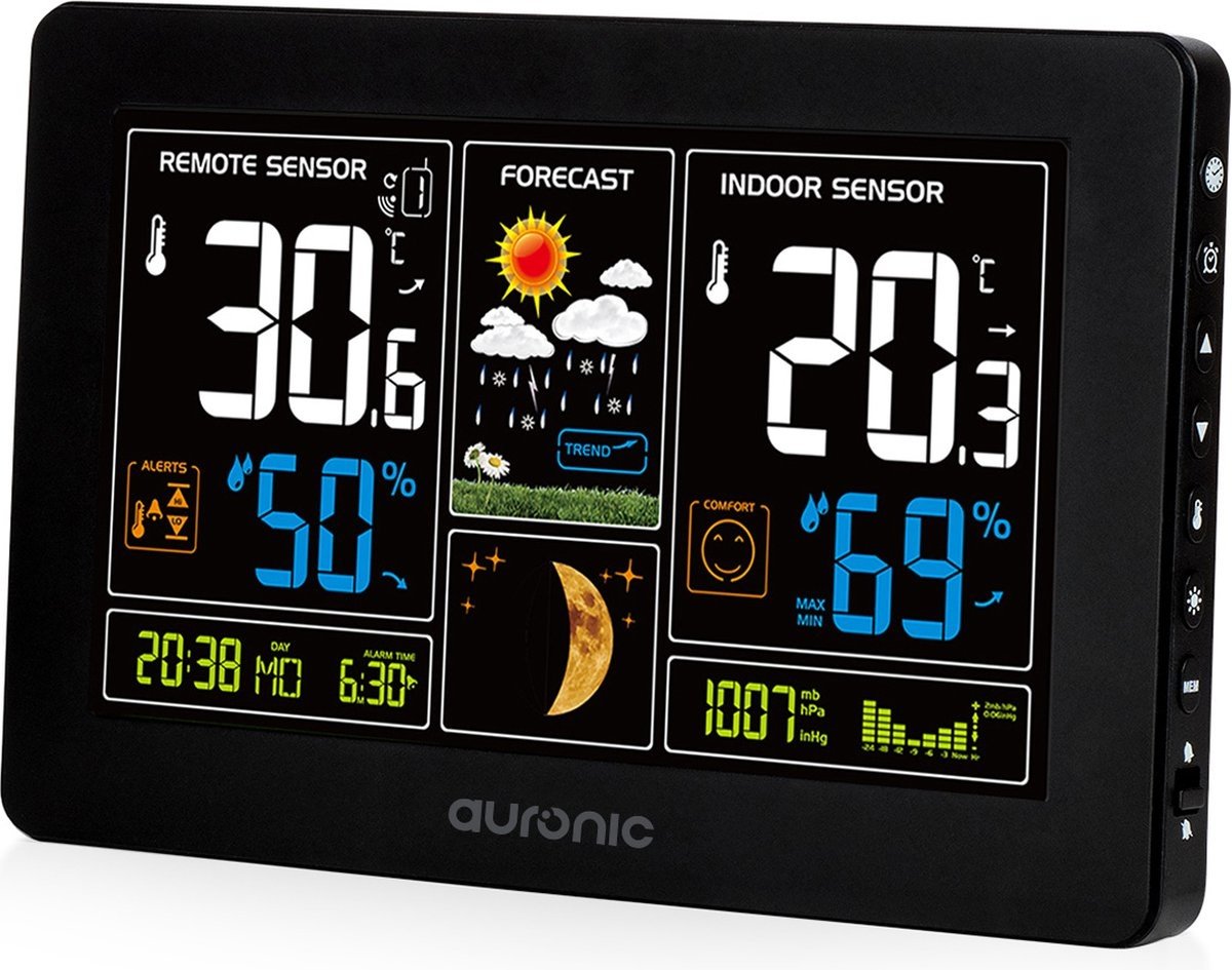 Auronic Weerstation - Draadloos - Binnen en Buiten - met Buitensensor - 60M Bereik - Zwart
