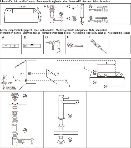 Differnz Helios Fonteinset - Kraan Links - Wasbak Keramiek Wit - Rechte Kraan - Mat Zwart - Standaard Greep - 37.5 x 18.5 x 9.5 cm