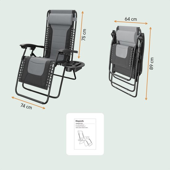 LifeGoods Ligstoel Comfort - Opvouwbaar - 30°-90° Verstelbaar - Beker en Telefoonhouder - Tuinstoel - Zwart/Grijs