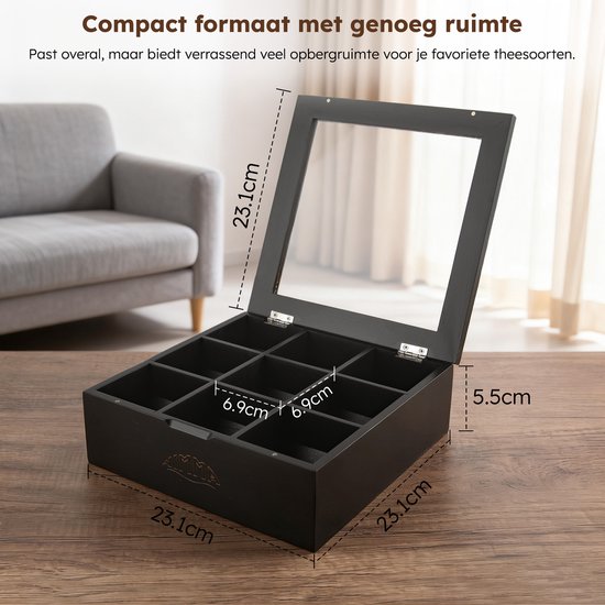 Theedoos - 9 Vakken - Theedoos Hout - Transparant Plexiglas Deksel - Magnetische Sluiting - Luxe Thee Doos - Schuine Vakjes - Bamboe - van Nimma