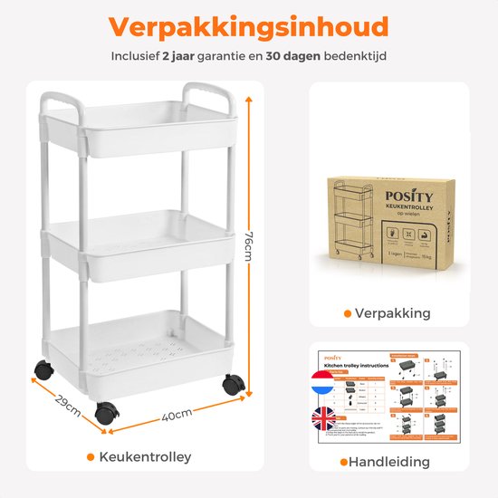 Posity Keukentrolley op wieltjes – Serveerwagen / Opbergtrolley / Keukenrek / Trolley Keuken – Verrijdbaar en Vast – 3 Lagen – Kunststof – Wit