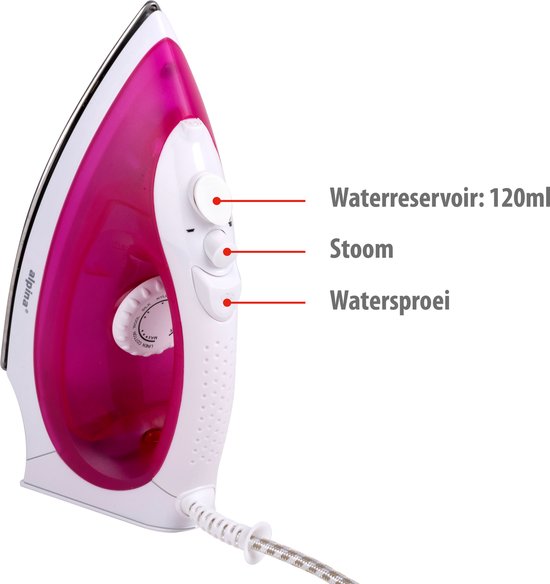alpina Stoomstrijkijzer - 2000 Watt - Traploze Temperatuur - Stoomboost - Sproeifunctie - RVS Zool - Roze