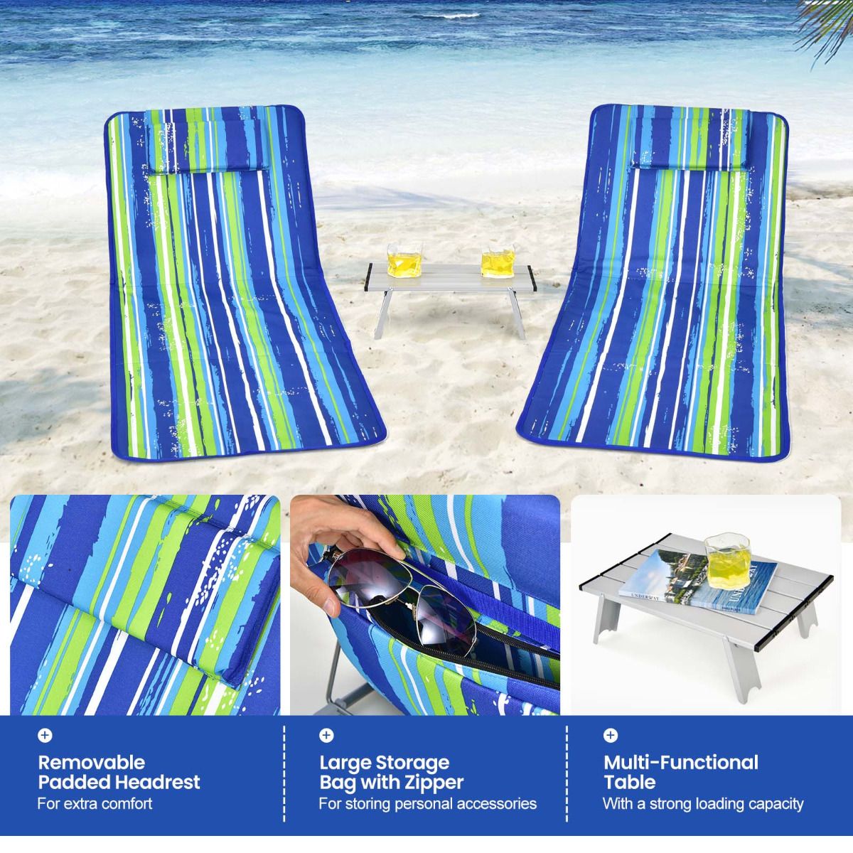 Coast Strandmatten (2 Stuks) met Bijzettafel - 151 x 56 x 27 cm - Groen / Blauw