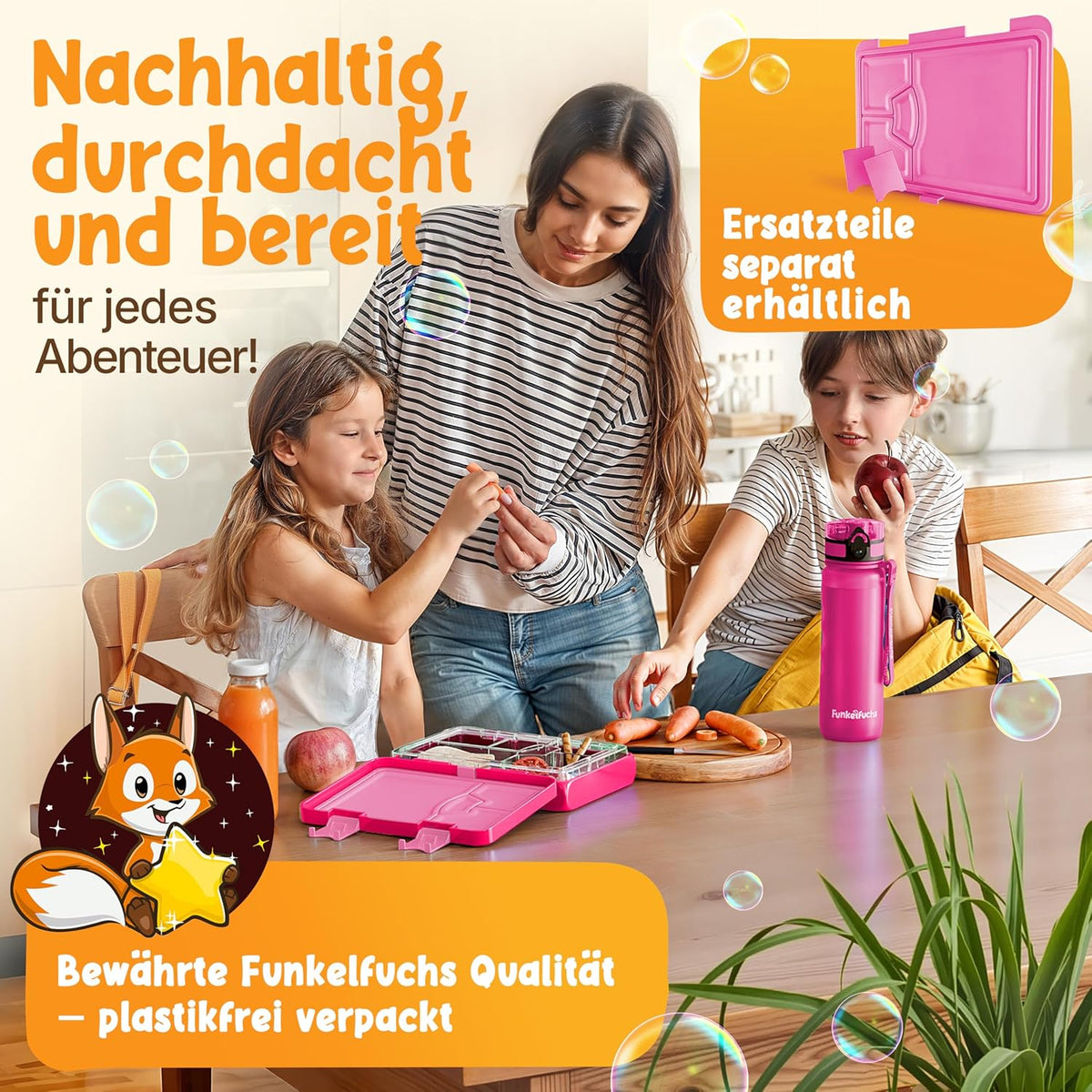 Funkelfuchs® Kinderen Lunchbox met Vakverdeling - 800ml – Roze – Grote Broodtrommel & Snackbox – Lunchbox voor School, Crèche & Kinderdagverblijf