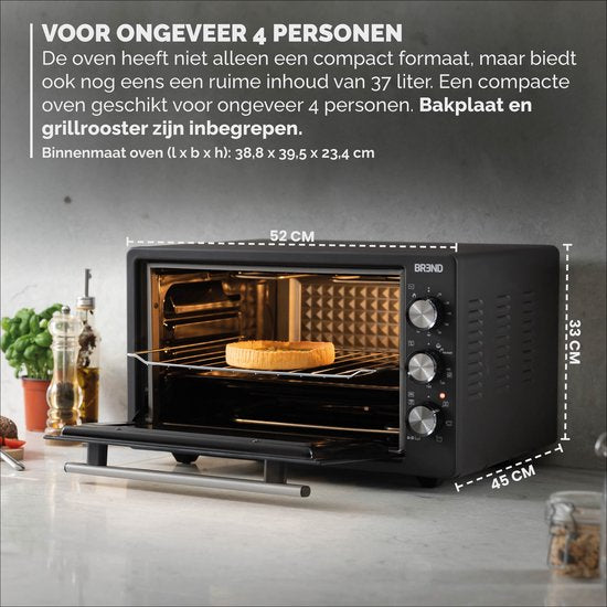 BREND BR-2210 Vrijstaande elektrische oven - 37 Liter - Mini oven - 1500W - met zelfreinigingsfunctie - 90 min. Timer - Incl. accessoires - tot 240 graden - Zwart
