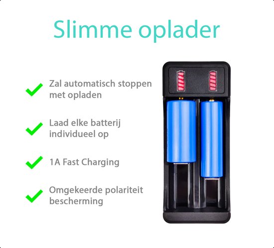 Tech Essentials® 2-Slots Batterijoplader USB-C Met 2x 18650 Oplaadbare Batterijen - 2600mAh 3.6V - 10440/18650 | Li-ion - Flat Top - Houder - Accu - Lithium