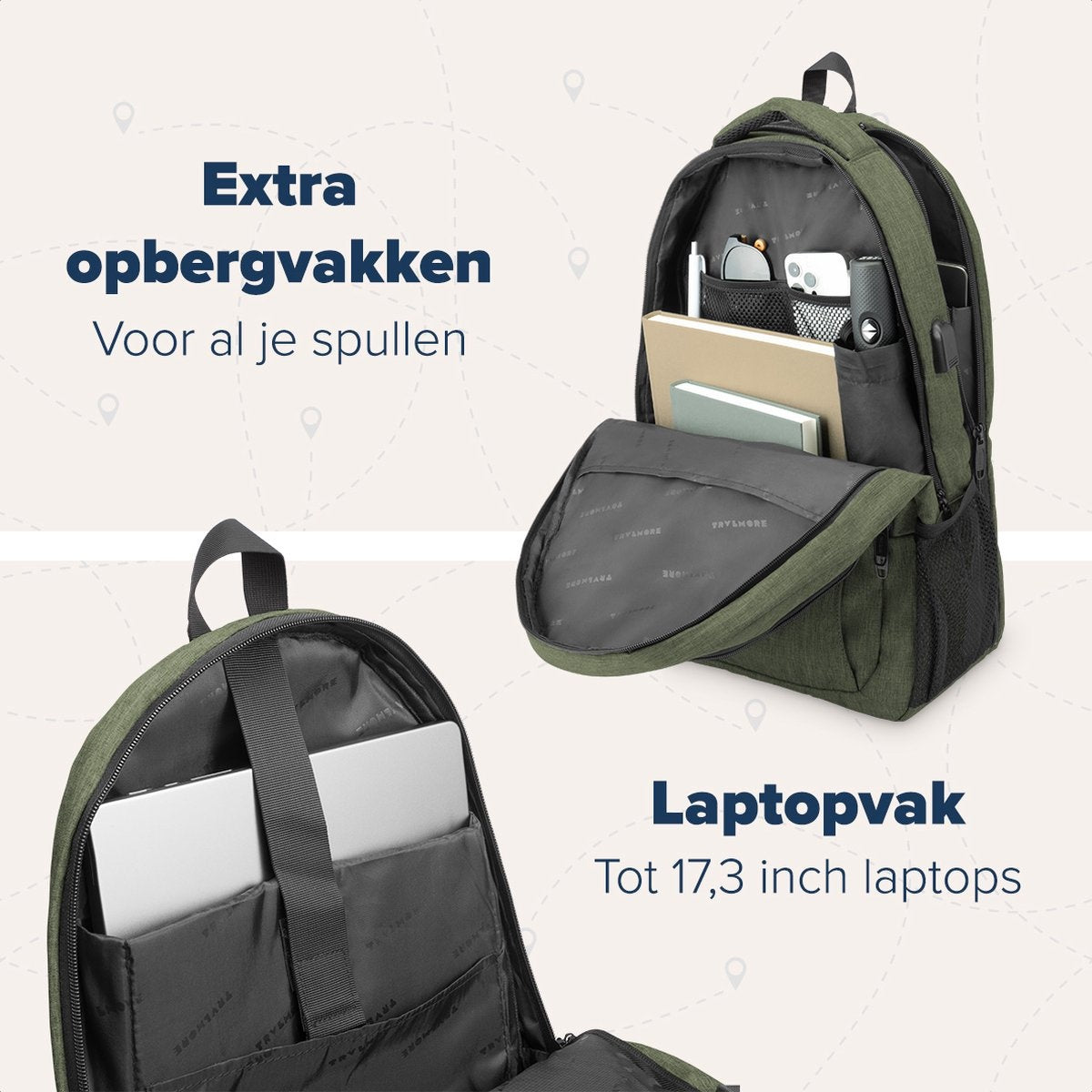 TRVLMORE Rugzak - 36L - 17,3 inch - Laptop Rugtas - Schooltas - Unisex - Spatwaterdicht Groen