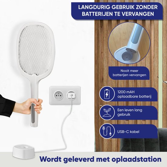 TTD® Premium Elektrische Vliegenmepper en Muggenlamp Oplaadbaar - 2 Standen Vliegenmepper en Muggenlamp - 2500 Volt - Met Veiligheidsnet - UV-Licht - Vliegenvanger - Vliegenlamp - Muggenlamp voor Binnen en Buiten - Muggenvanger - Insectenlamp