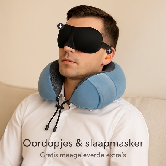 SC Reizen Essentiëlen - Nek Kussen Set 3-delig - Ergonomisch Memory Foam Reiskussen met Oogmasker en Oordoppen - Ideaal voor Vliegtuig, Auto en Trein - Compact en Luxe - Royal Blue