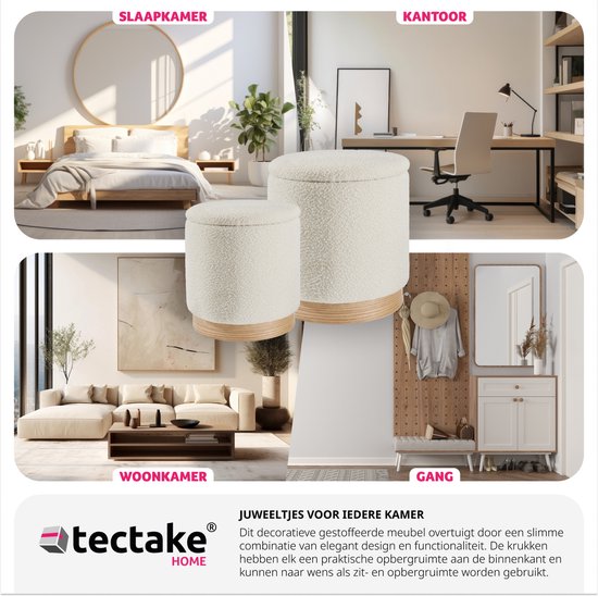 tectake® - Set van 2 krukken met opbergruimte - bouclé teddy stof - Scandi - Gestoffeerde kruk rond - Voor make-uptafel, slaapkamer, woonkamer - 2 maten (38 en 32cm)
