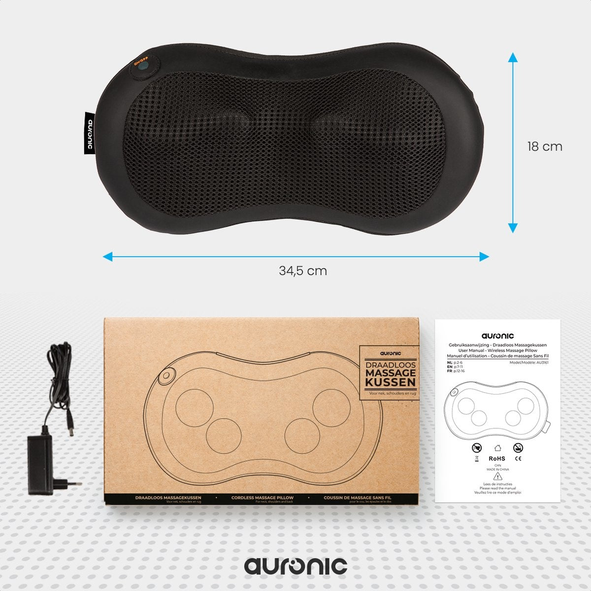 Auronic Shiatsu Massagekussen – Warmtefunctie – Automatische Uitschakeling na 15 Min – 36 x 10 x 12,5 cm – Zwart