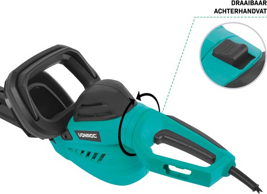 VONROC Heggenschaar 600W – 660 mm zwaardlengte – met 180° draaibaar handvat – Mesafstand 16 mm – Incl. beschermhoes