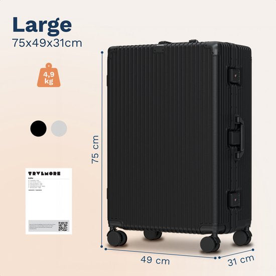 TRVLMORE Premium Reiskoffer 115L – Ritsvrij – Dubbel TSA-Slot – Aluminium Frame – Zwart