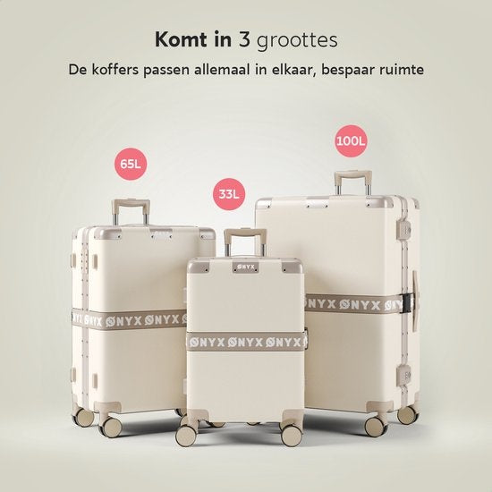 ONYX 3-delige Kofferset - Handbagage en Check-in koffer - 33L/65L/100 L - TSA slot - Spinner wielen - Lichtgewicht Trolley - Aluminium sluiting - Beige