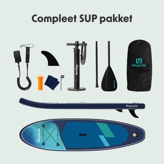LifeGoods SUP Board Allround Compact - 100 KG Draagkracht - 300 x 76 cm - Opblaasbaar - Compleet SUP pakket - Blauw/Groen