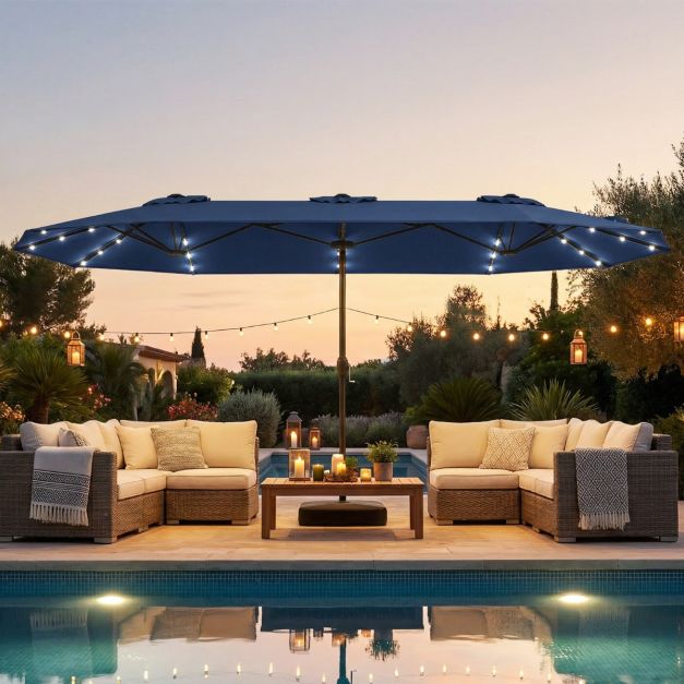 Coast Tuinparasol met Solar LED – Kantelbare Parasol met Slinger en 8 Ribben – Blauw