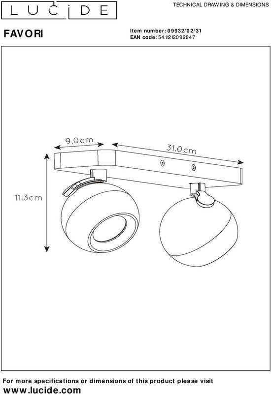 Lucide FAVORI - Plafondspot (Plafondlamp) - 2xGU10 - Wit