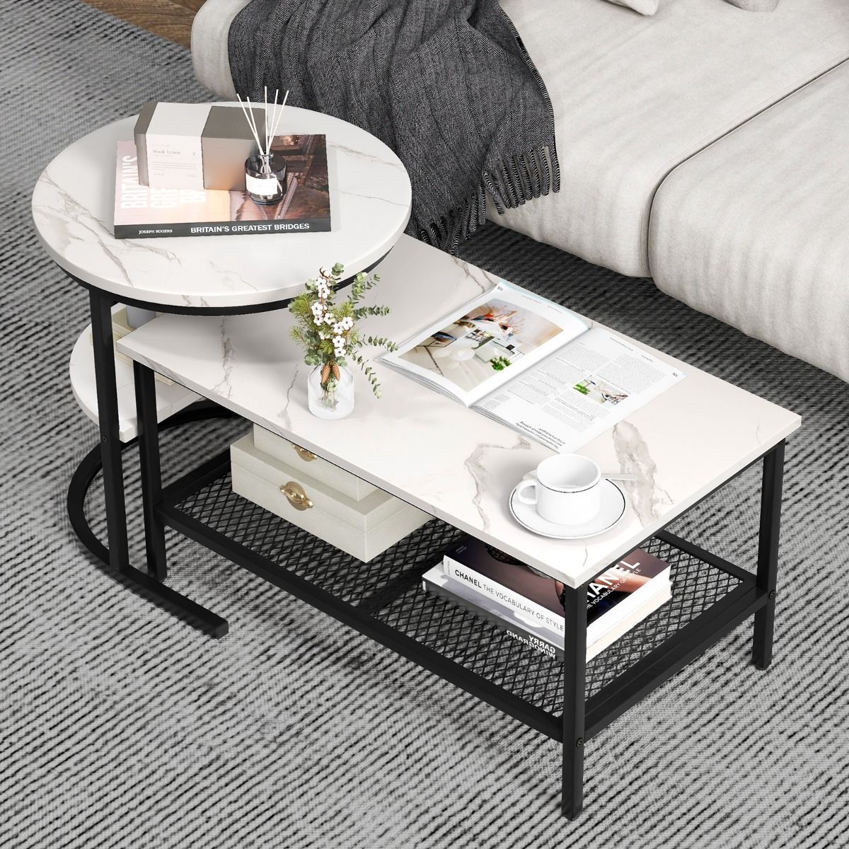 Coast Bijzettafelset - salontafel en bijzettafel - marmerlook tafelblad - zwart en wit