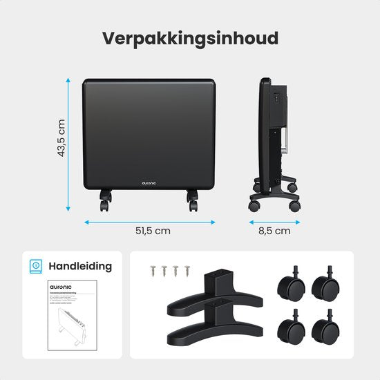 Auronic Convectorkachel - 1000W - Elektrische Verwarming - 3 Standen - Metalen Paneelverwarming - Vrijstaand - Wielen - Zwart