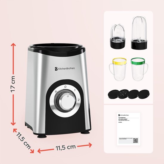 KitchenBrothers Smoothie Blender - 2-in-1 - Blender om mee te nemen - 4 Bekers - Smoothie Maker om mee te nemen - Mini Blender - Zilver