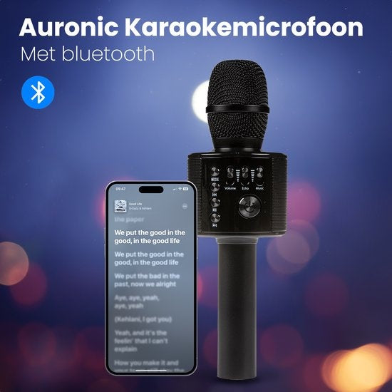 Auronic Karaoke Microfoon - Voor Kinderen en Volwassenen - Bluetooth - Draadloos - met Speaker - Zwart