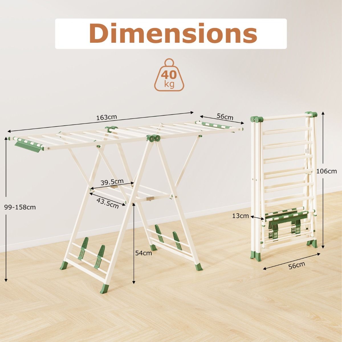 Coast Opvouwbaar Droogrek - verstelbare vleugels - sokkenclips en schoenenrekken - wit/beige 163 cm