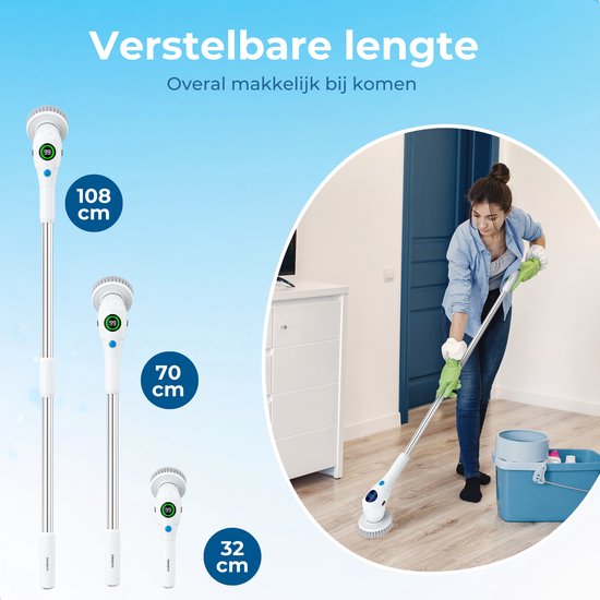 Beepro - Elektrische Schoonmaakborstel - Schrobber met Steel - 10 Opzetstukken