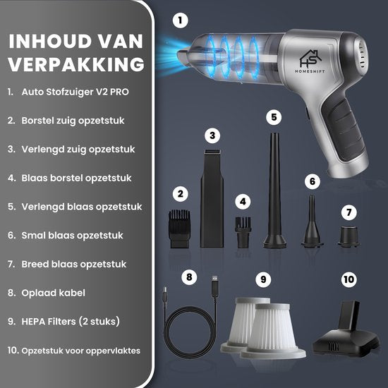 HomeShift® Auto Stofzuiger Draadloos V2 PRO - Kruimelzuiger - Handstofzuiger - Kleine Stofzuiger - Draadloze stofzuiger - Air Duster - Nat & Droog - Metallic