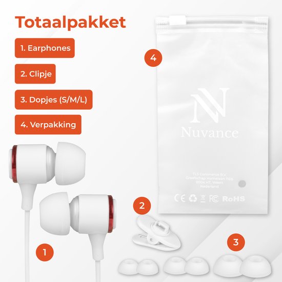 Nuvance - Oortjes met Draad - 3.5mm Jack Aansluiting - Oordopjes met Draad - In-Ear Oortjes met Draad en Microfoon - Wit