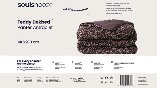 Soulsnooze Teddy Dekbed Panter Antraciet 240×220 - 2-in-1 Dekbed Zonder Overtrek - Wasbaar Dekbed zonder Hoes - Deken - Bedsprei - Fluffy Plaid