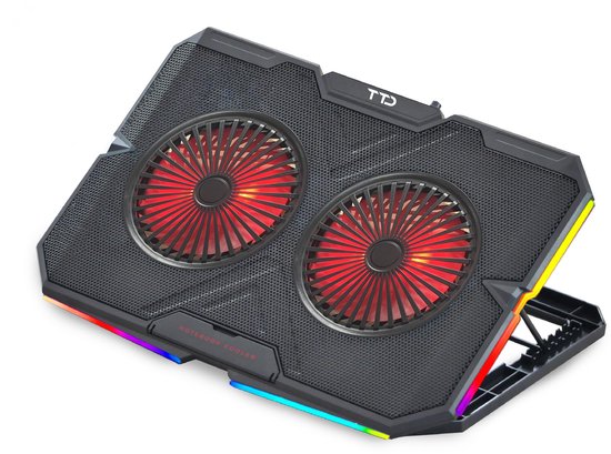 TTD® Premium Laptop Cooler en Verstelbare Laptop Verhoger - Laptop Standaard Verstelbaar - Laptop Steun - Rotatiesnelheden tot boven de 2400 RPM - Gaming Laptop Cooling Pad - Tot 17 Inch - Extra USB-poort - Zwart