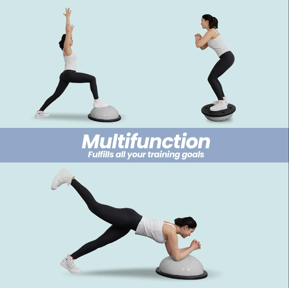 DH FitLife Balansbal – Yoga Balanstrainer Ø60 cm, Halve Gymbal met Weerstandsbanden & Pomp, Belastbaar tot 200 kg – Evenwichtsboard Fitness – Grijs