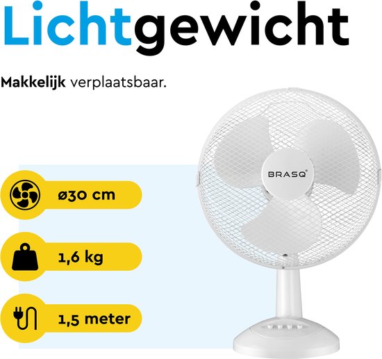 BRASQ Tafelventilator - 30 cm - Wit - 3 snelheden - Statiefventilator - 40 Watt
