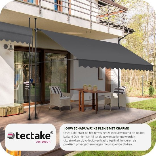 tectake - klemluifel - Zonnescherm – Zonneluifel - Verstelbaar - Klem-zonwering - Zonnescherm Balkon - 400 x 180 cm - zwartgrijs – zonwering - 404970