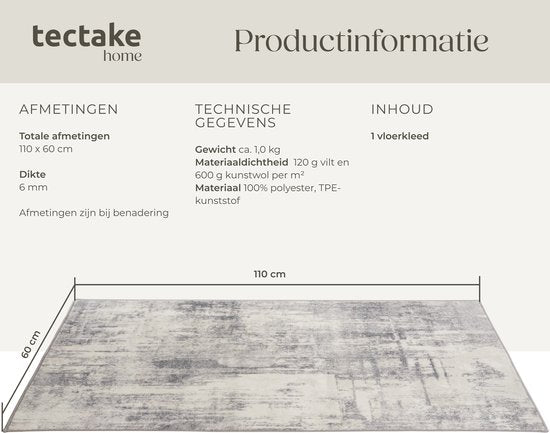 tectake® Vintage design tapijt - Laagpolig vloerkleed voor woonkamer, kinderkamer, slaapkamer of hal - Wasbaar - Div. afmetingen - 60x110cm - beige/grijs